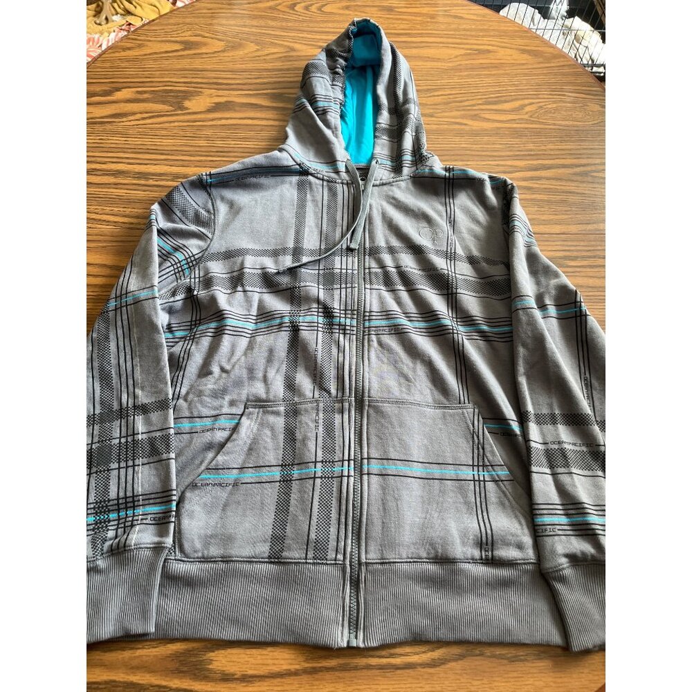OP Ocean Pacific gray blue checked zip front hoodie vintage